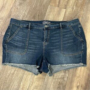 Torrid Dark Blue Jean Shorts with Frayed Hem